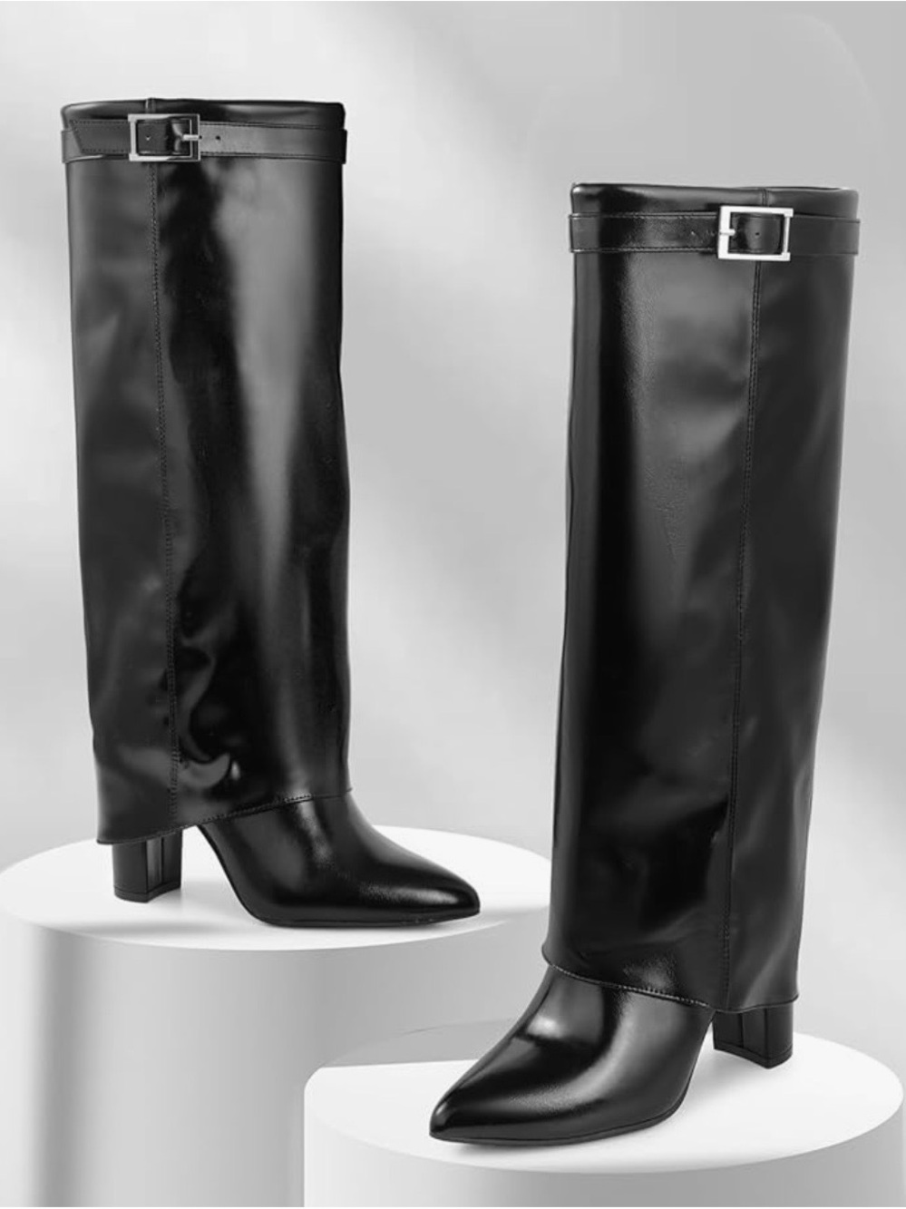 Classic Black Knee-High Leather Buckle Boots